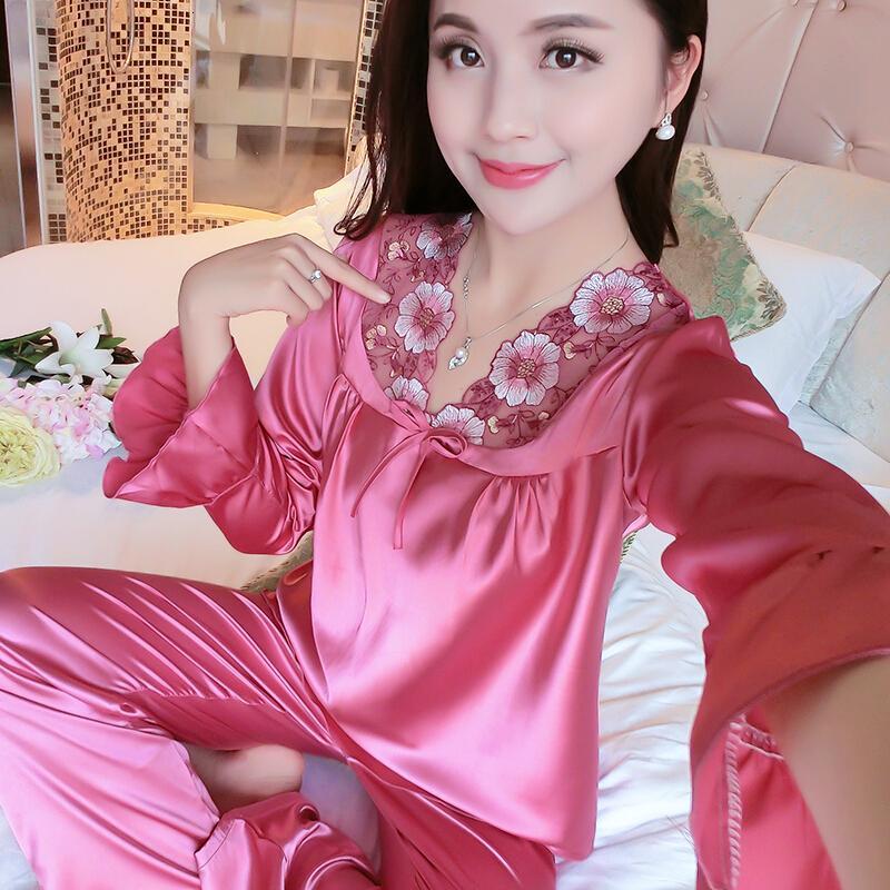 睡衣女夏冰丝长袖套装春秋韩版性感蕾丝丝绸夏季家居服休闲