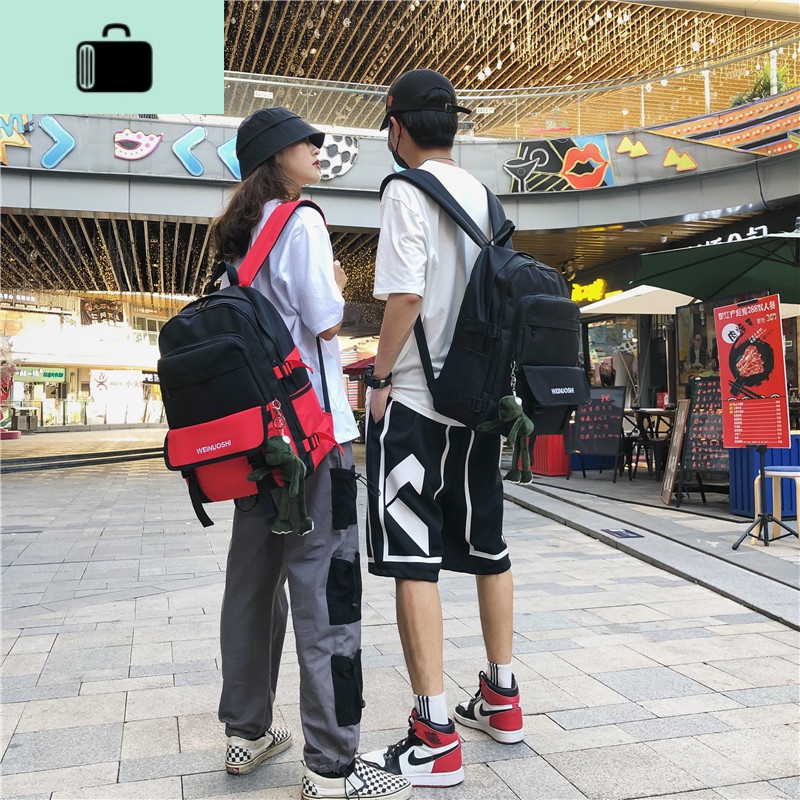 双肩包男潮牌街头潮流大容量男士双肩包书包ins帆布休闲旅行背包NEW LAKE 红色高清大图
