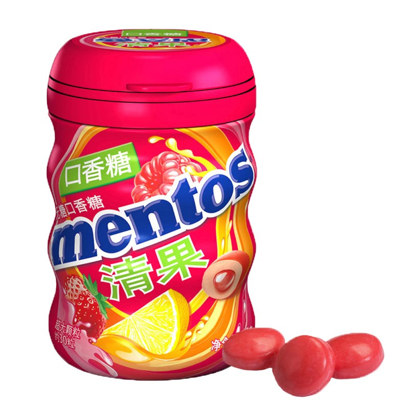 曼妥思透爽夹心无糖口香糖酸柠红果味56g瓶