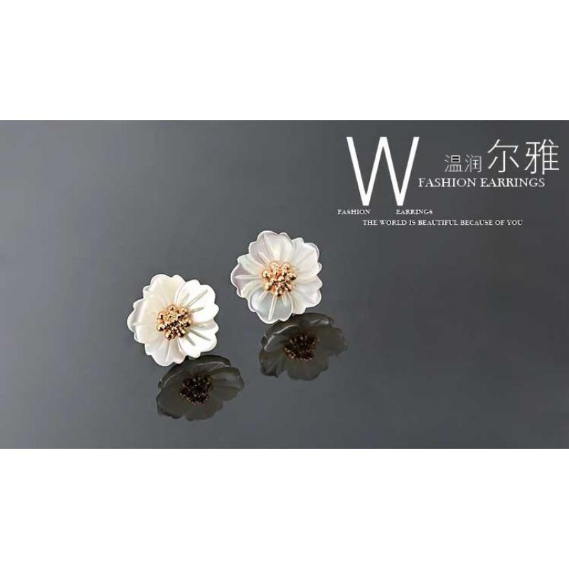韩国甜美小巧樱花玫瑰花贝壳耳钉纯银珍珠母贝花朵小耳环耳饰清新送女朋友老婆生日礼物送女朋友七夕情人节礼物