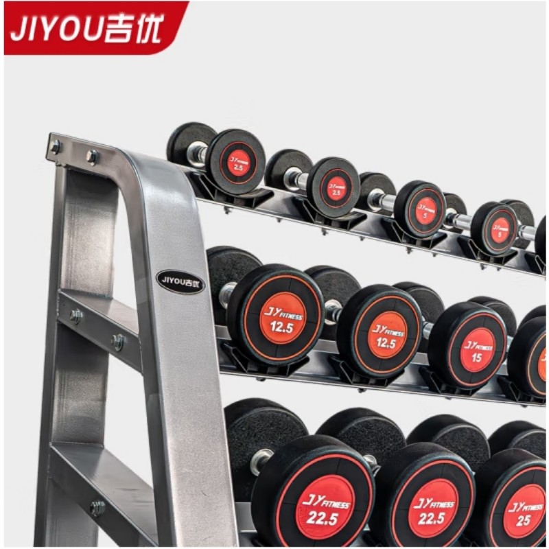 吉优JY-F9005 包胶哑铃固定式哑铃套装力量训练健身房专用12付装含三层哑铃架高清大图