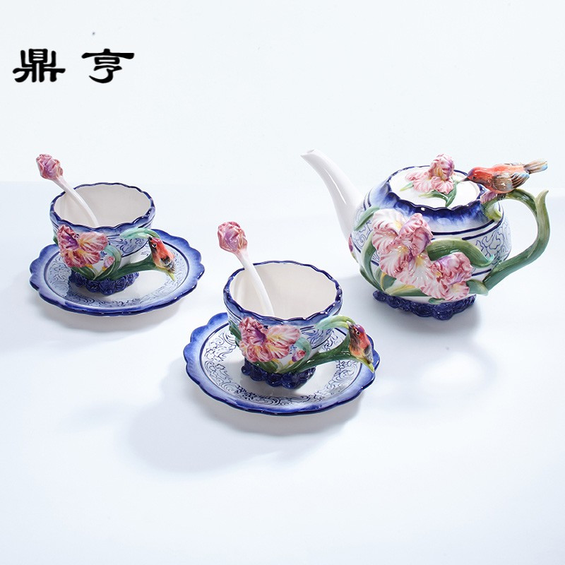 鼎亨青花茶具兰花茶壶杯碟组陶瓷杯子组合水壶茶杯套装咖啡杯瓷杯