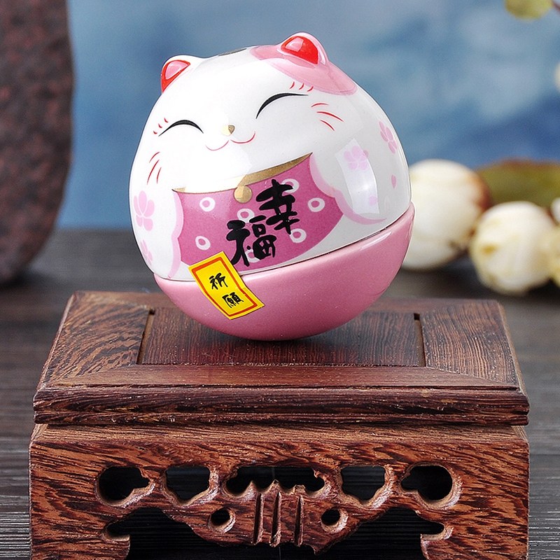 猫不倒翁陶瓷摆件家居办公摆饰生日七夕送女朋友 三维工匠 SC53208祈願幸福不倒翁-粉猫高清大图