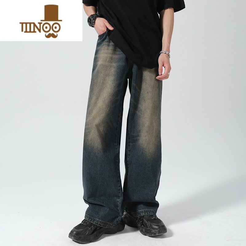 yanxu国潮复古蓝水洗牛仔裤男士痞帅韩版宽松水洗直筒阔腿拖地裤