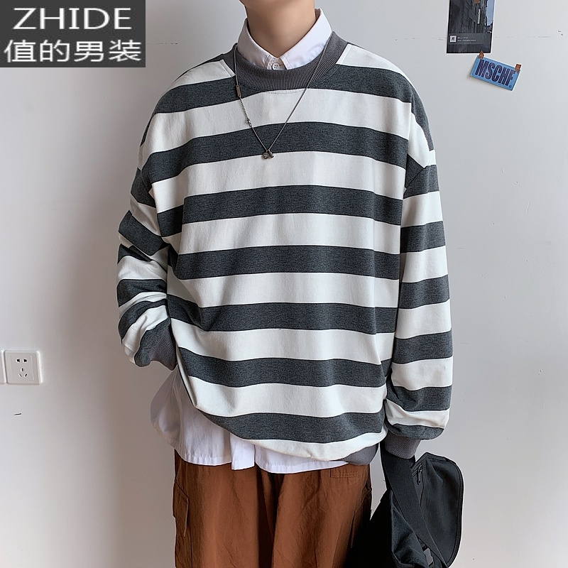 suntek春季男士宽松休闲长袖t恤男韩版潮流百搭条纹打底衫帅气男士