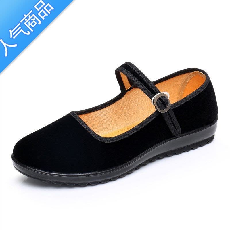 SUNTEK老北京布鞋女单鞋平底坡跟松糕酒店工作上班软底舞蹈妈妈黑布鞋图片