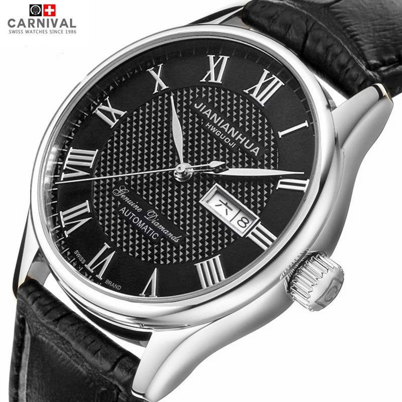 嘉年华CARNIVAL手表商务力洛克系列男士全自动机械表 男休闲时尚复古罗马大三针防水金属双日历男表腕表8605G双历款 精钢罗黑皮