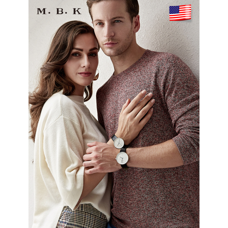 M.B.K欧美品牌石英表 情侣手表男女简约时尚休闲潮流腕表真皮表带纤薄男表女表三针经典款M-1004