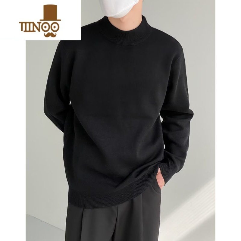 YANXU韩版痞帅内搭中领套头半高领针织衫毛衣男ins打底衫纯色线衣 黑色百搭款 3XL