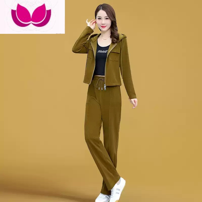 七斓运动服套装休闲女装2023新款春装时尚洋气时髦春季直筒裤子套 咖色 XXXL建议135-150斤