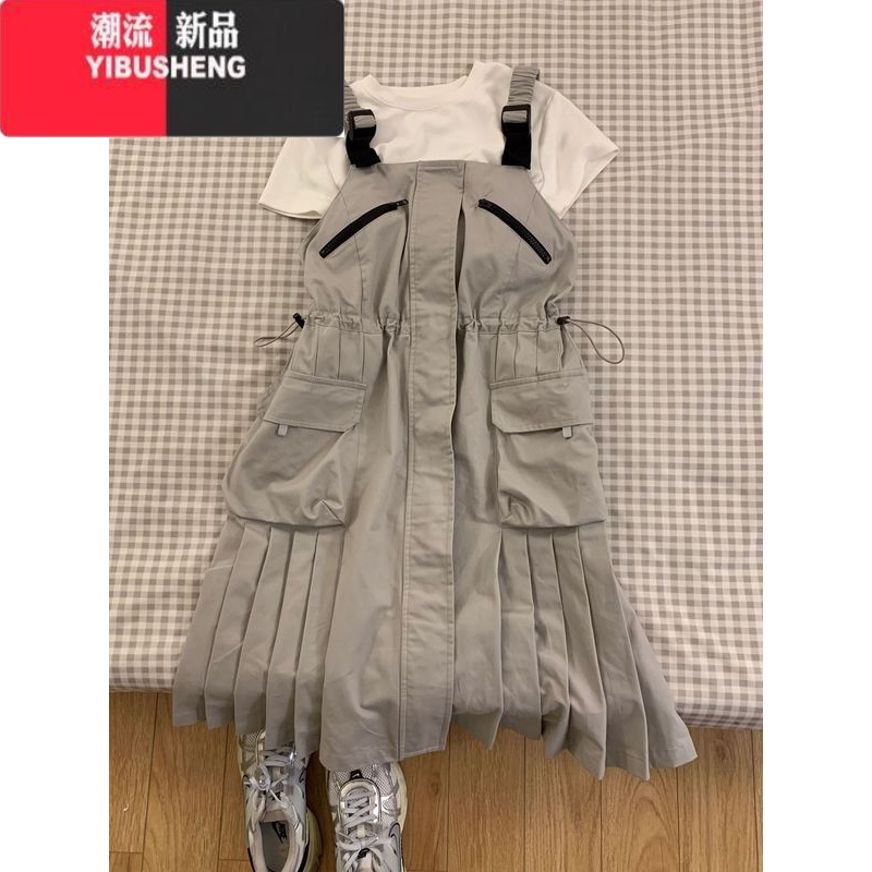 YIBUSHENG灰色工装背带连衣裙女季新款设计感小众复古休闲甜酷百褶短裙U XL建议125-140斤 灰色背带百褶裙