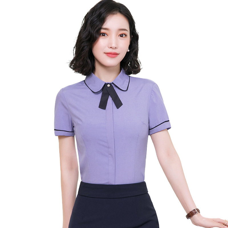 正装白衬衣女短袖气质酒店工作服春夏上班职业衬衫面试工装套装娃娃领