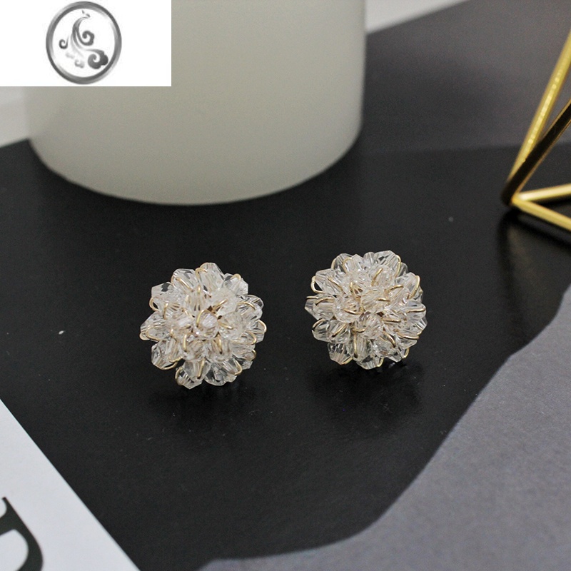 JiMiS925银针韩国手工圆形白色水晶花球耳环INS网红同款仙气耳钉短款