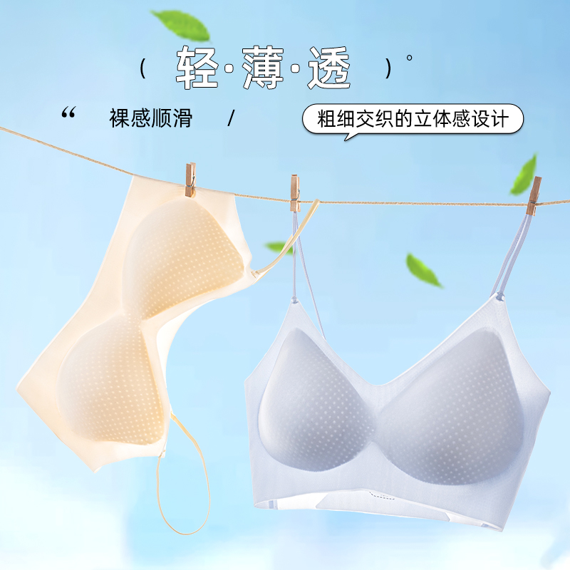 猫人凉感冰丝吊带内衣女士细肩带无痕美背超薄聚拢背心式文胸罩高清大图