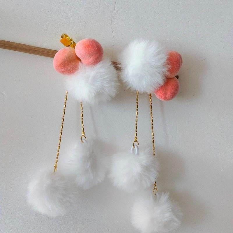 镜水簪阁发饰流苏毛绒桃子对夹头饰汉服发饰配饰日常百搭发夹款短流苏