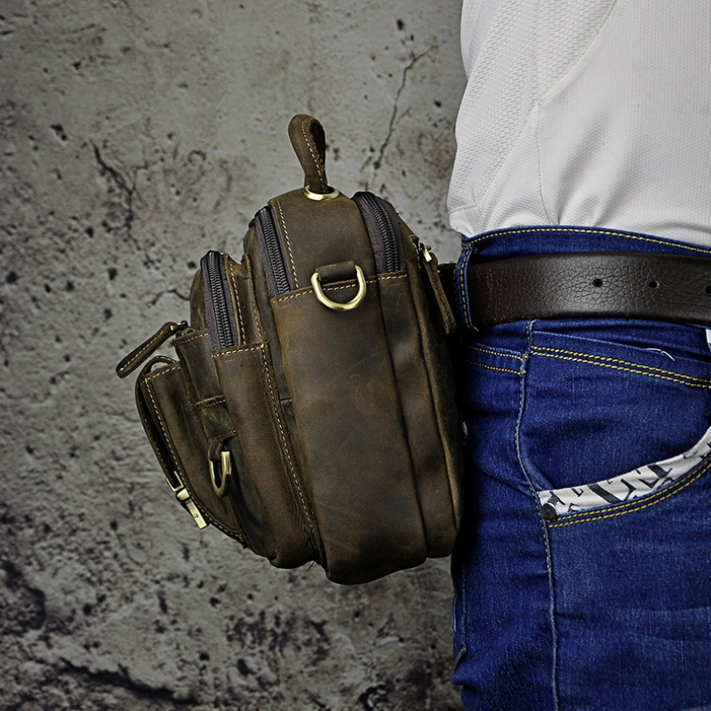 疯马皮头层牛皮男士户外相机包单肩斜跨真皮腰包多功能手提包男包