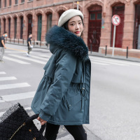 2023年冬装新款可拆卸毛领宽松连帽抽绳加绒加厚派克服显瘦外套女 M 皮蛋绿