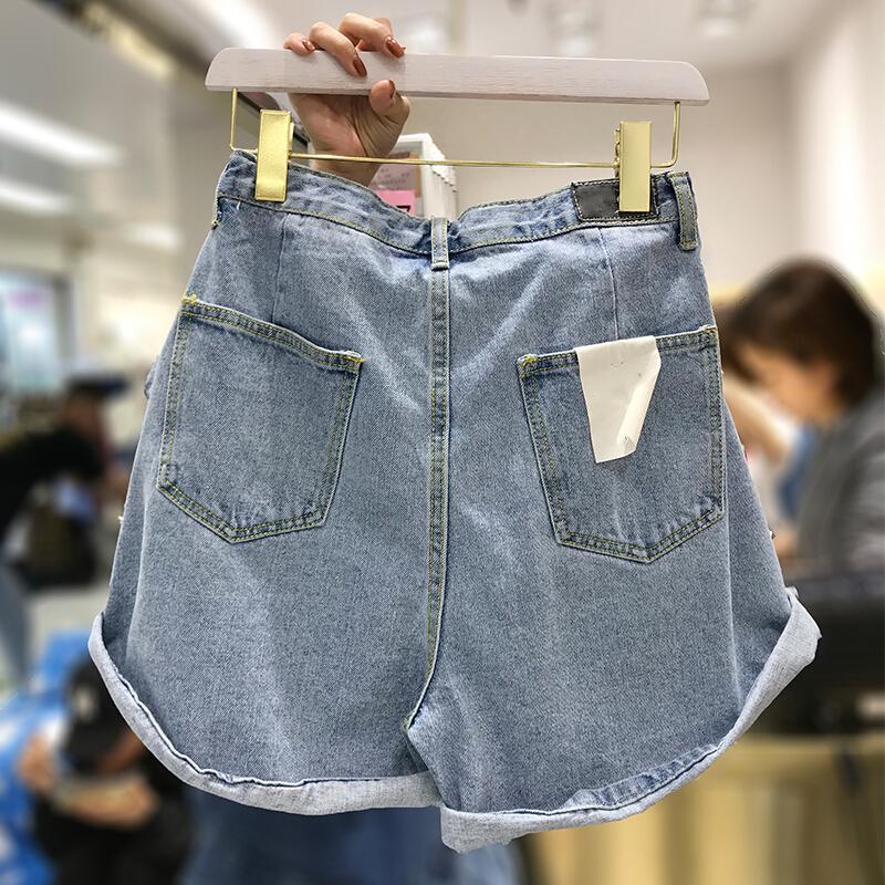 大码女装胖妹妹胖MM微胖高腰花苞腰阔腿卷边宽松藏肉牛仔短裤女浅蓝色