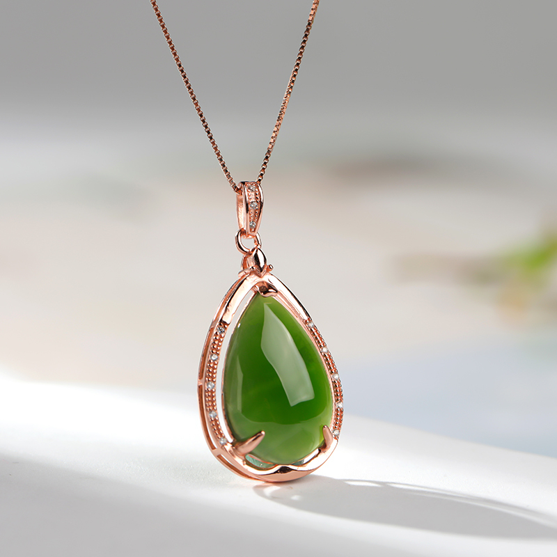 印象眸s925银镶和田玉吊坠银镀玫瑰金镶碧玉水滴形女款玉石吊坠附送