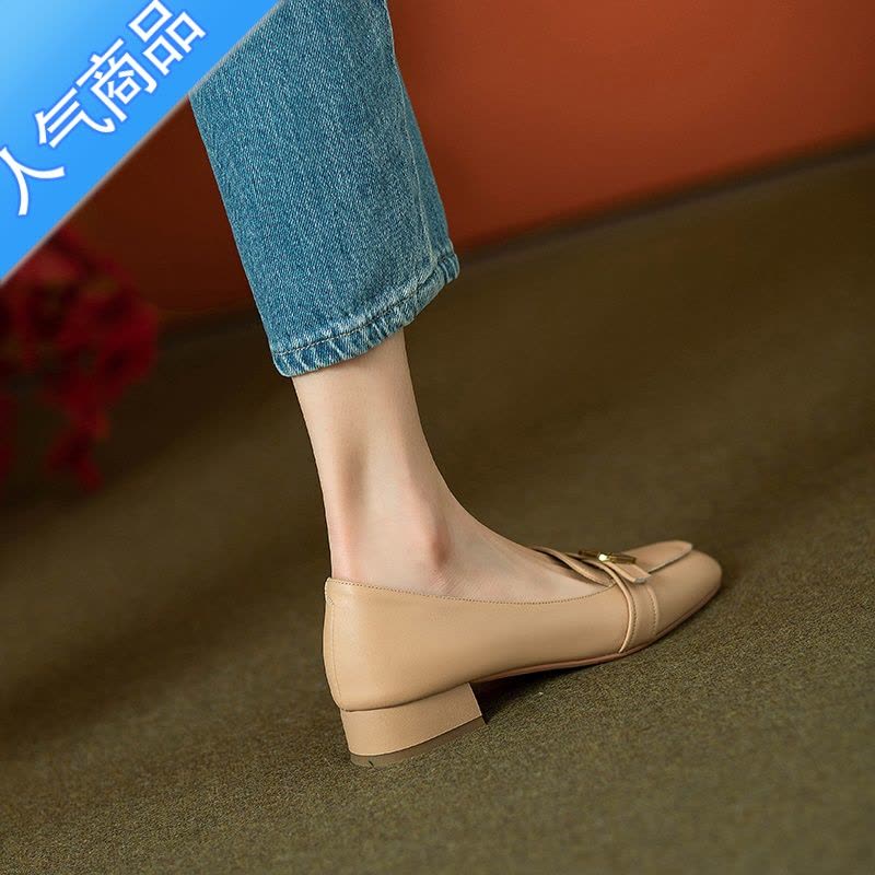 SUNTEK法式复古金属扣低跟乐福鞋女浅口2023春秋新款粗跟单鞋小皮鞋图片