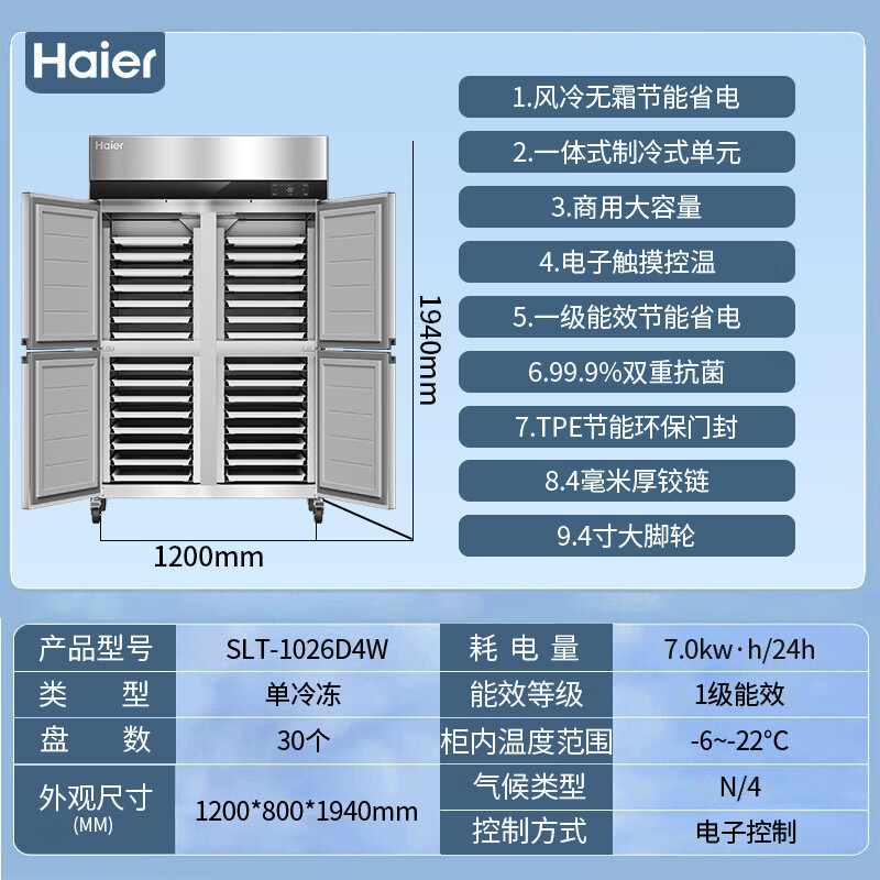 海尔(Haier)商用冰箱厨房两开门/四开门立式冷冻冰柜 饭店食堂不锈钢大容量插四门 全冷冻 风冷无霜]SLT-1026