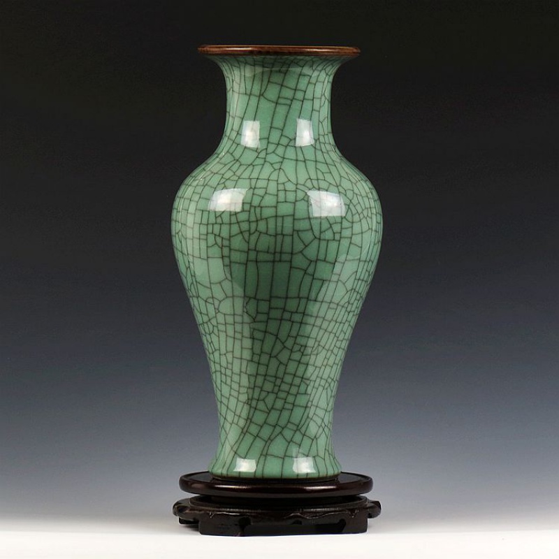 景德镇陶瓷器仿古官窑博古架花瓶中式古典家居客厅工艺品摆设摆件 三维工匠 仿古豆青鱼尾瓶送底座高清大图