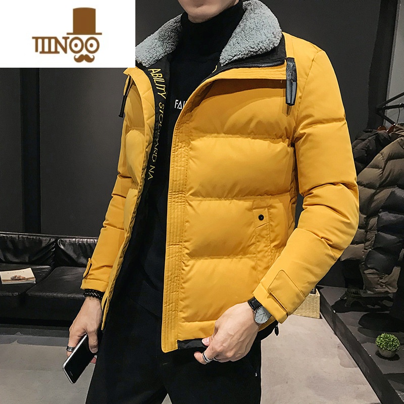 YANXU新款男士立领防风保暖棉衣加绒加厚外套毛领厚款时尚男棉服高清大图