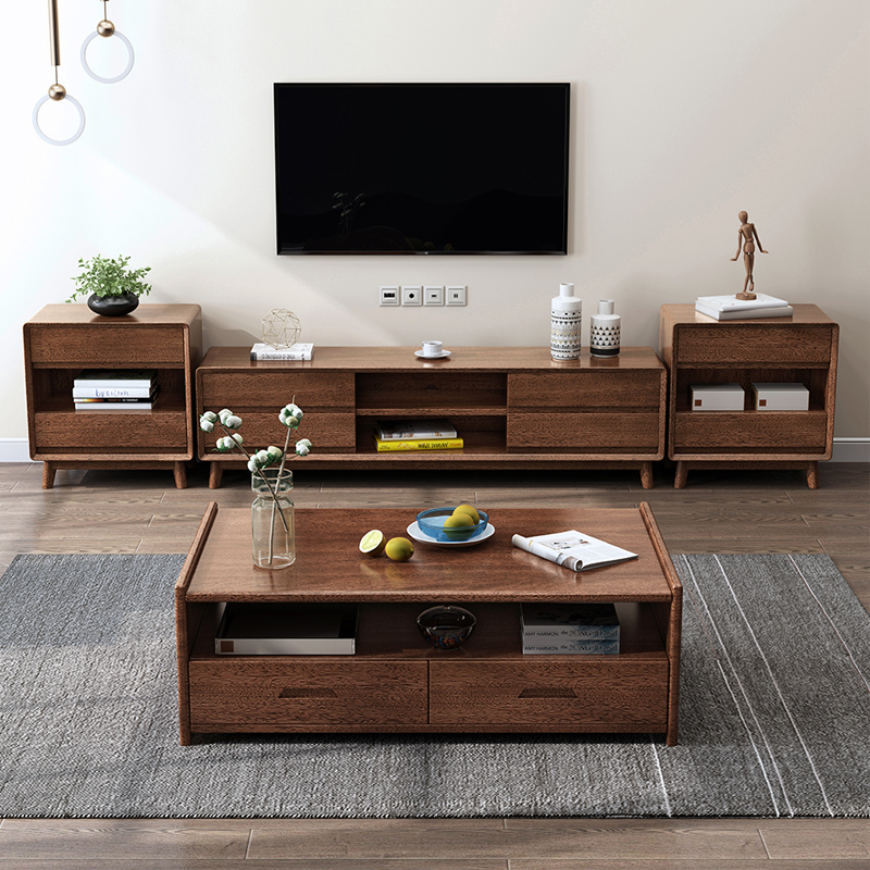 海善家奥古曼胡桃木电视柜实木电视柜茶几组合现代简约客厅小户型新
