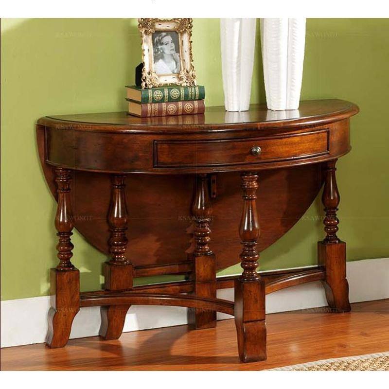 美式餐桌可折叠伸缩桌实木饭桌圆形小户型餐台半圆玄关桌子 货