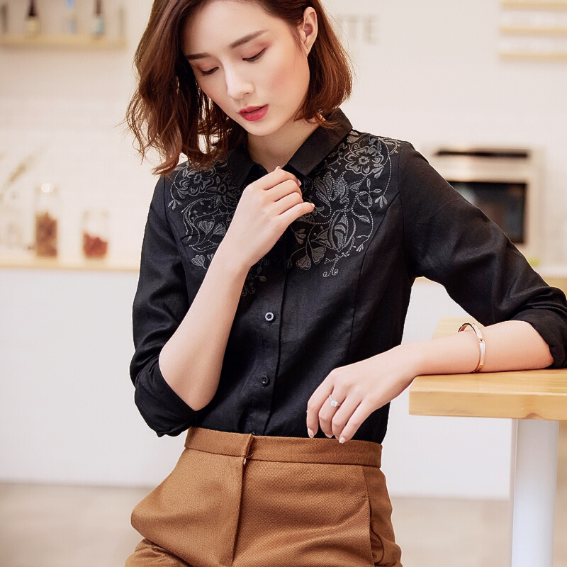 亚麻白衬衫女长袖2018春装棉麻女装衬衣刺绣花百搭上衣