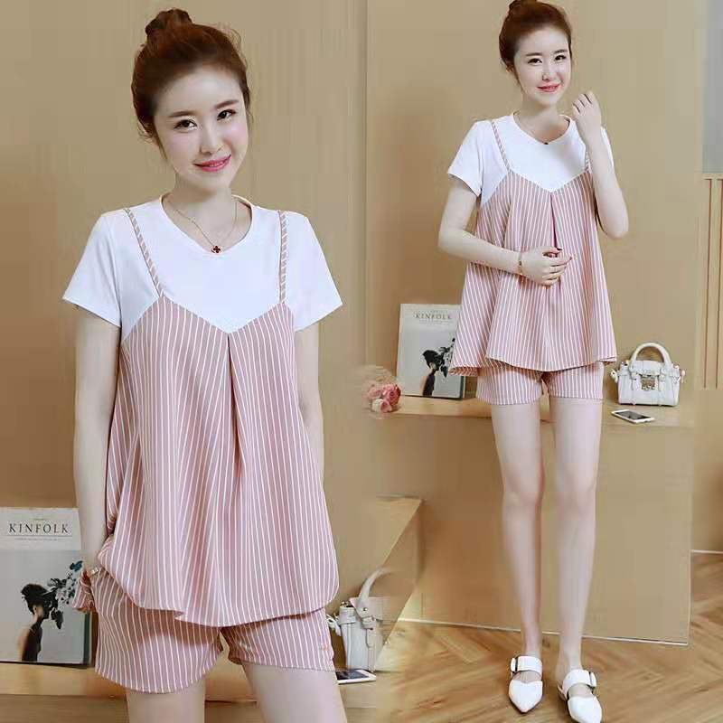 辞梅 孕妇套装条纹时尚孕妇装夏款百搭潮妈短袖假两件套图片