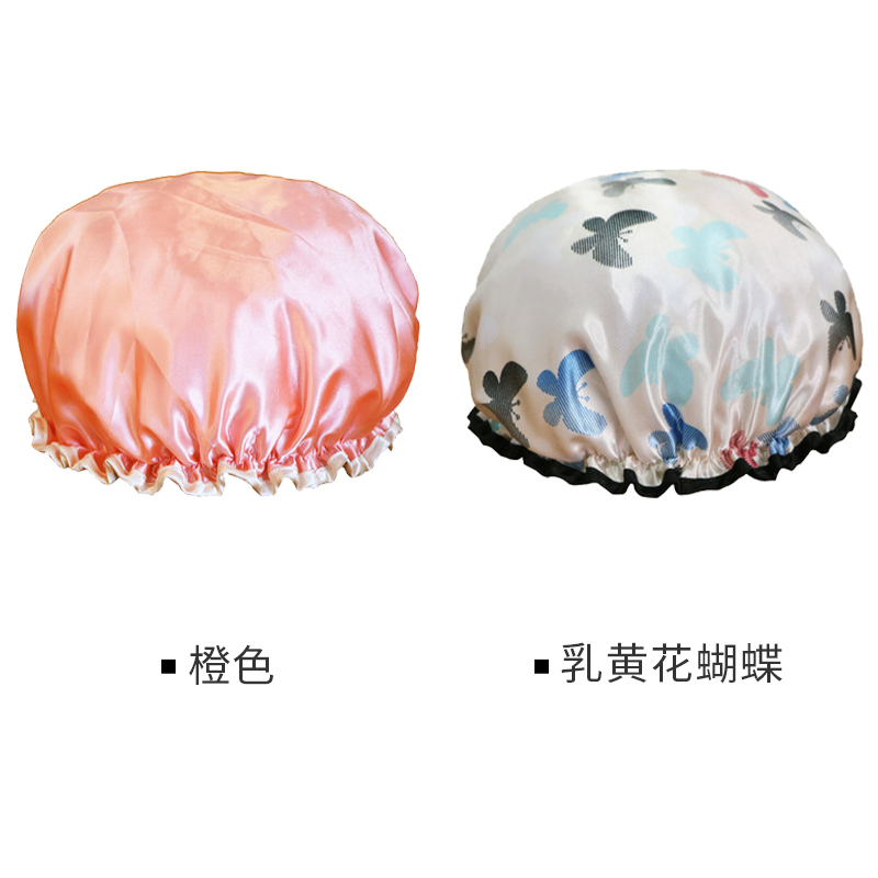 网红沐浴帽女防水长发洗澡双层加厚儿童成人款家用厨房防油防烟潮 三维工匠 [2个装]橙色+乳黄花蝴蝶高清大图