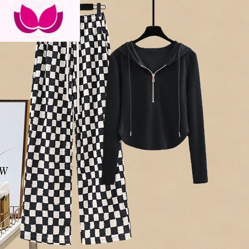 七斓炸街时尚套装女春季新款辣妹气质连帽卫衣显瘦高腰拖地休闲阔腿裤高清大图