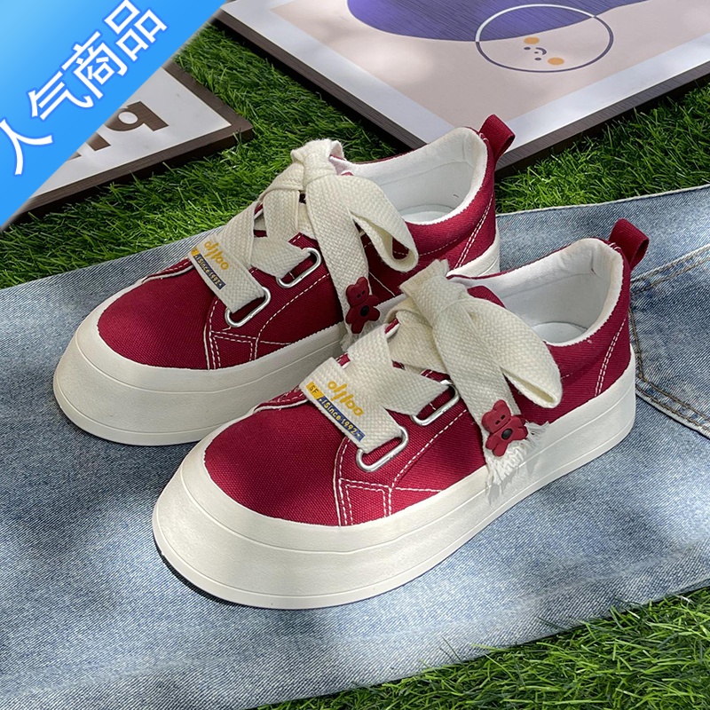 SUNTEK帆布鞋女2023夏季新款小众原创百搭小熊小白鞋厚底休闲运动板鞋子高清大图