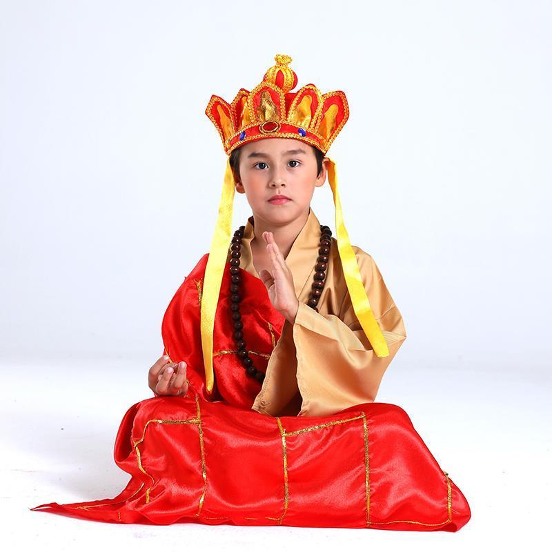唐僧服装送佛珠110cm西游记角色扮演唐僧服装儿童袈裟帽子禅杖唐僧