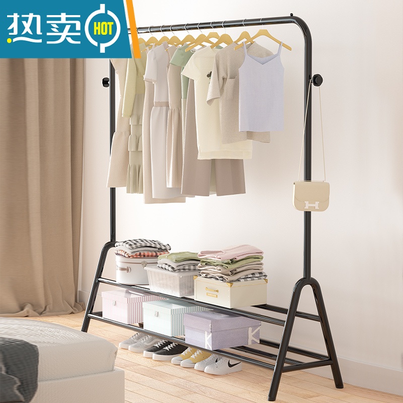 敬平晾衣架落地杆家用卧室晾衣杆折叠挂衣服架子凉衣架晒衣架简易单杆 ⭐️[升级置物]130cm白色8️⃣钩3杆 大高清大图