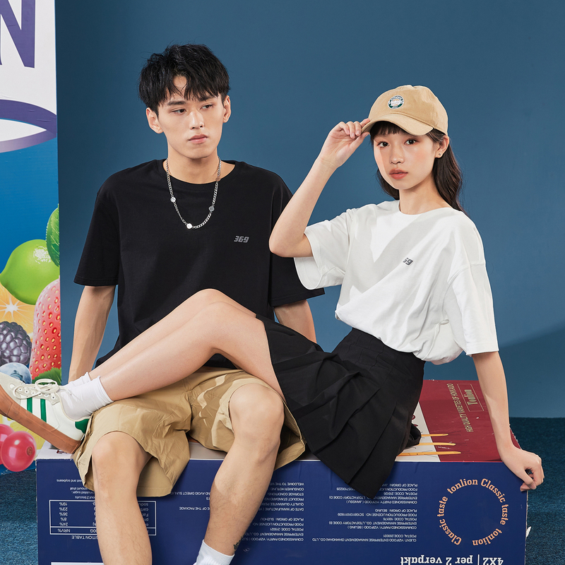 唐狮夏季新款情侣装短袖T恤男女后背印花设计感半袖衫
