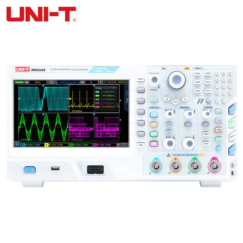 优利德MSO2102 8英寸触摸LCD100MHz2通道16通道LA2GS/s1000000wf数字荧光示波器