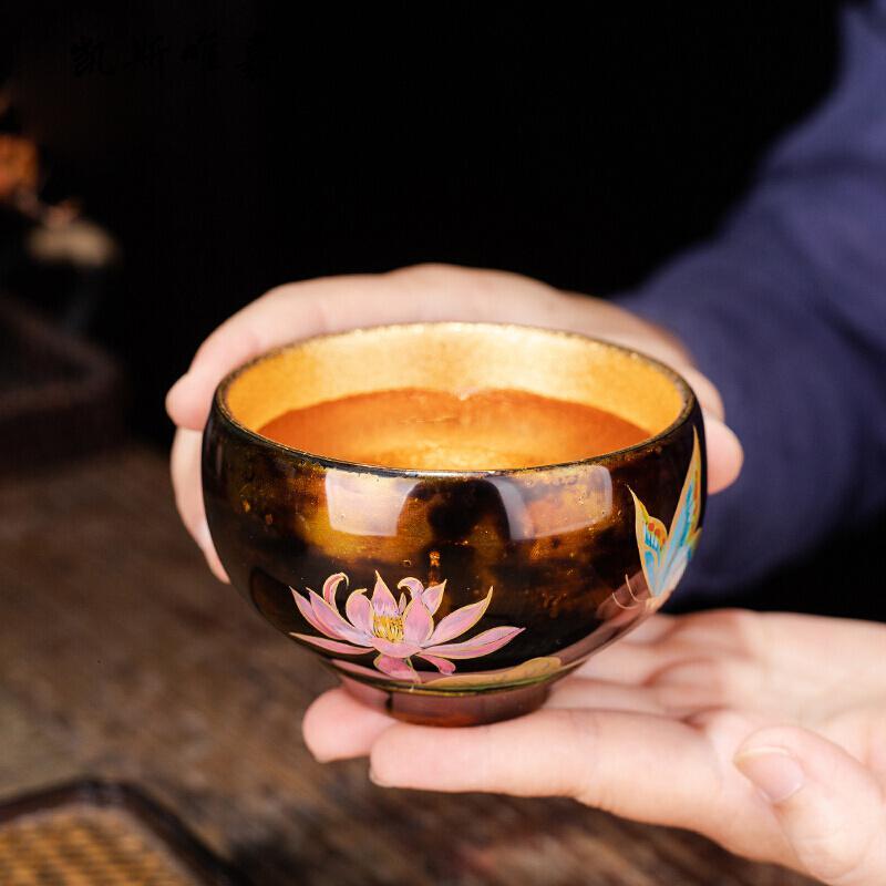 凯斯唯嘉漆器茶具纯手工天然大漆茶盏主人杯手绘金荷花茶杯子单杯视频