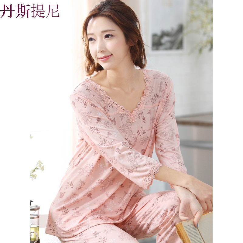 莫代尔棉睡衣女春秋季纯棉七分袖薄款家居服女夏全棉中年妈妈套装