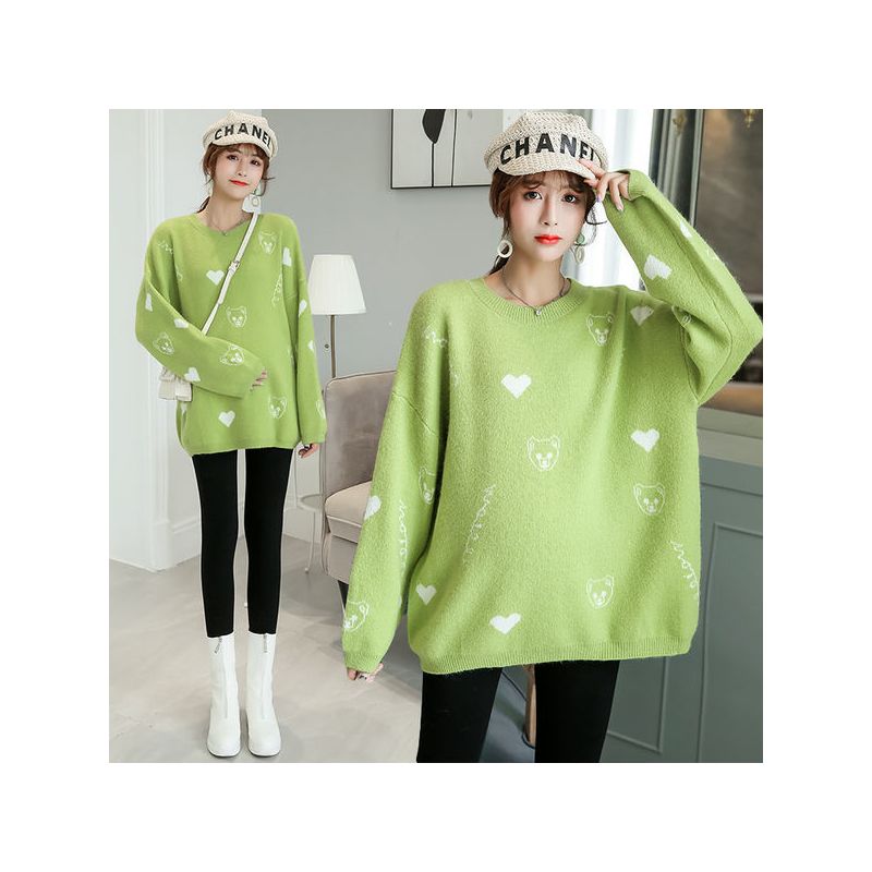 孕妇毛衣孕妇装秋季新款时尚宽松套头牛油果色针织短款上衣毛衣冬