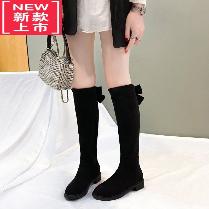 可莉允蝴蝶结时尚女童靴秋冬新款加绒长靴不过膝女孩高筒靴弹力长筒靴子图片