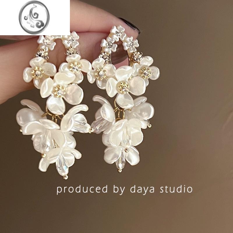 JiMi茉莉花瀑 超仙法式复古花朵锆石流苏耳环轻奢感小众设计气质耳夹