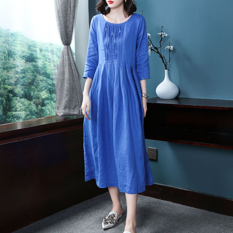 棉麻品牌女装连衣裙新款女式七分袖圆领苎麻中长裙春夏清新森系裙蓝色