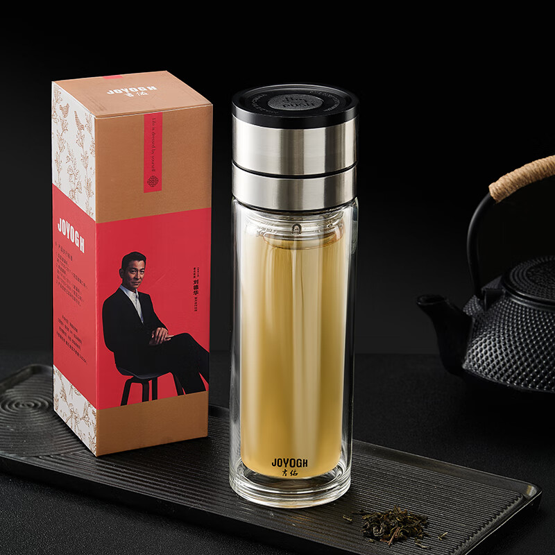 吉佑单手一键按压开盖玻璃杯双层车载茶水分离泡茶杯男士专用水杯JY9029高清大图