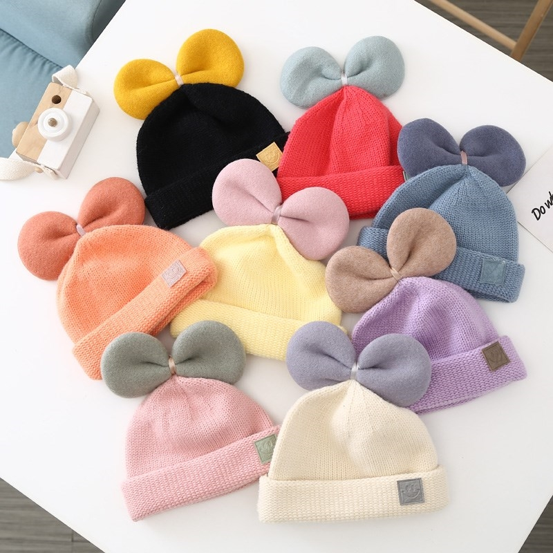 婴儿帽子秋冬季婴幼儿保暖毛线帽公主智扣可爱超萌女宝宝蝴蝶结针织帽
