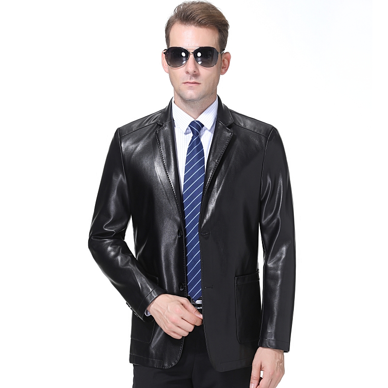 海宁山羊皮真皮西装专柜正品羊皮西服真皮皮衣男装春秋季真皮西装三粒扣真皮皮衣男式绵羊皮西服外套韩版修身男装皮衣 186黑色两扣 170M