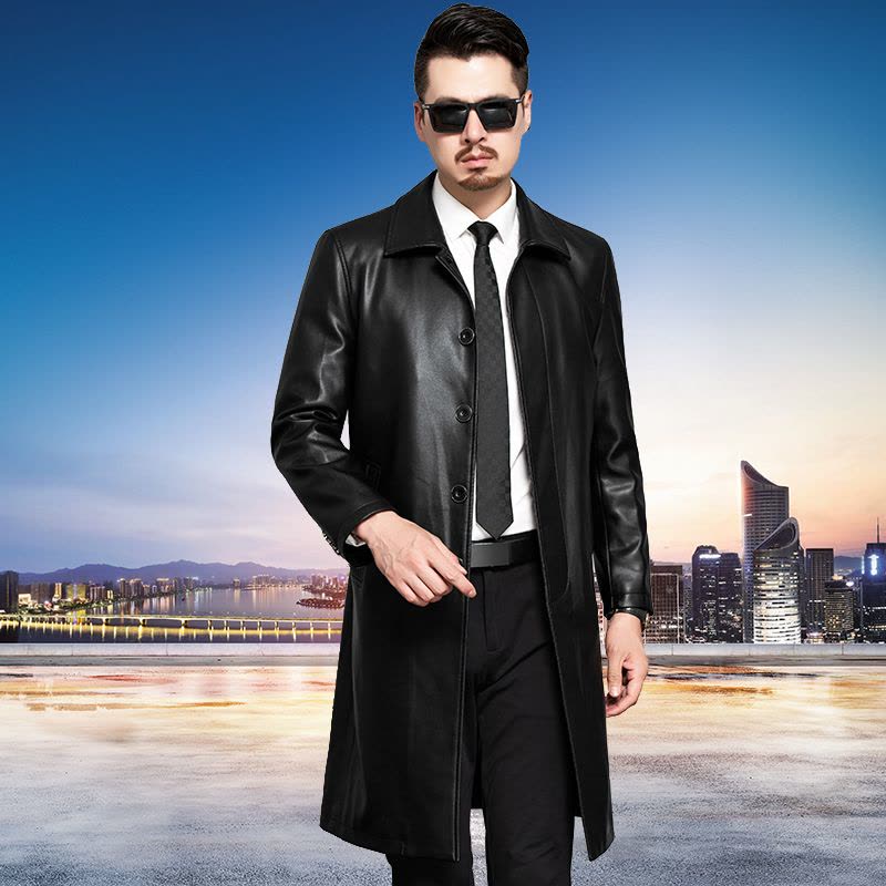 春秋季海宁真皮皮衣男士中长款风衣西装领中青年潮流真皮外套2023新款海宁真皮中长款真皮皮衣男士真皮风衣翻领男士春装图片