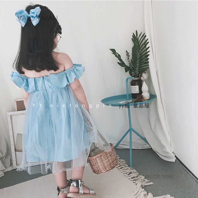 儿童小飞袖连衣裙2018夏季新款女童蓬蓬纱裙公主高腰长裙礼服裙天蓝色