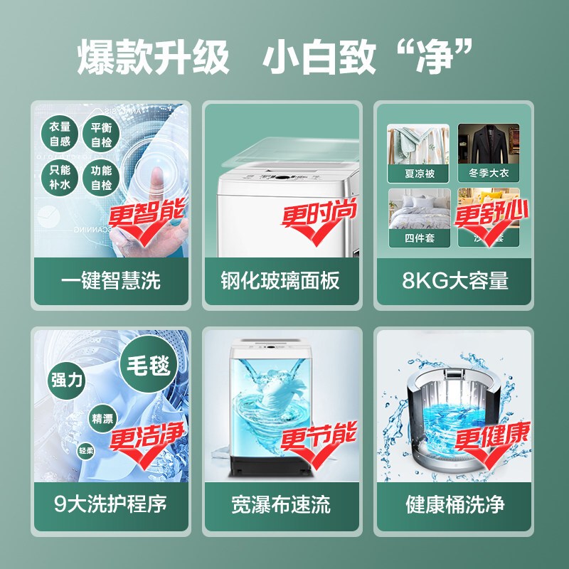 松下(Panasonic)8KG全自动波轮洗衣机 家用大容量 智慧节能洗XQB80-T8DKS